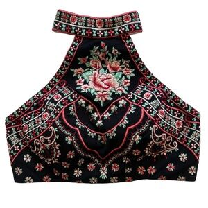 Blondie Nites Embroidered‎ Floral Black Halter Crop Top Size 3